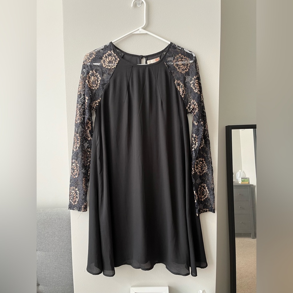 GB black mini dress gold lace floral sleeves